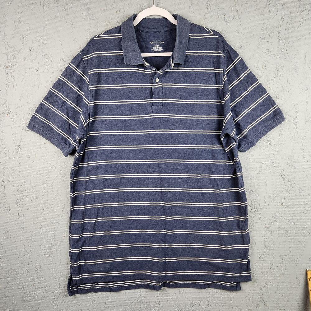 Harbor Bay Polo Shirt Mens 2XLT Blue White Striped Short Sleeve Big Tall Golf
